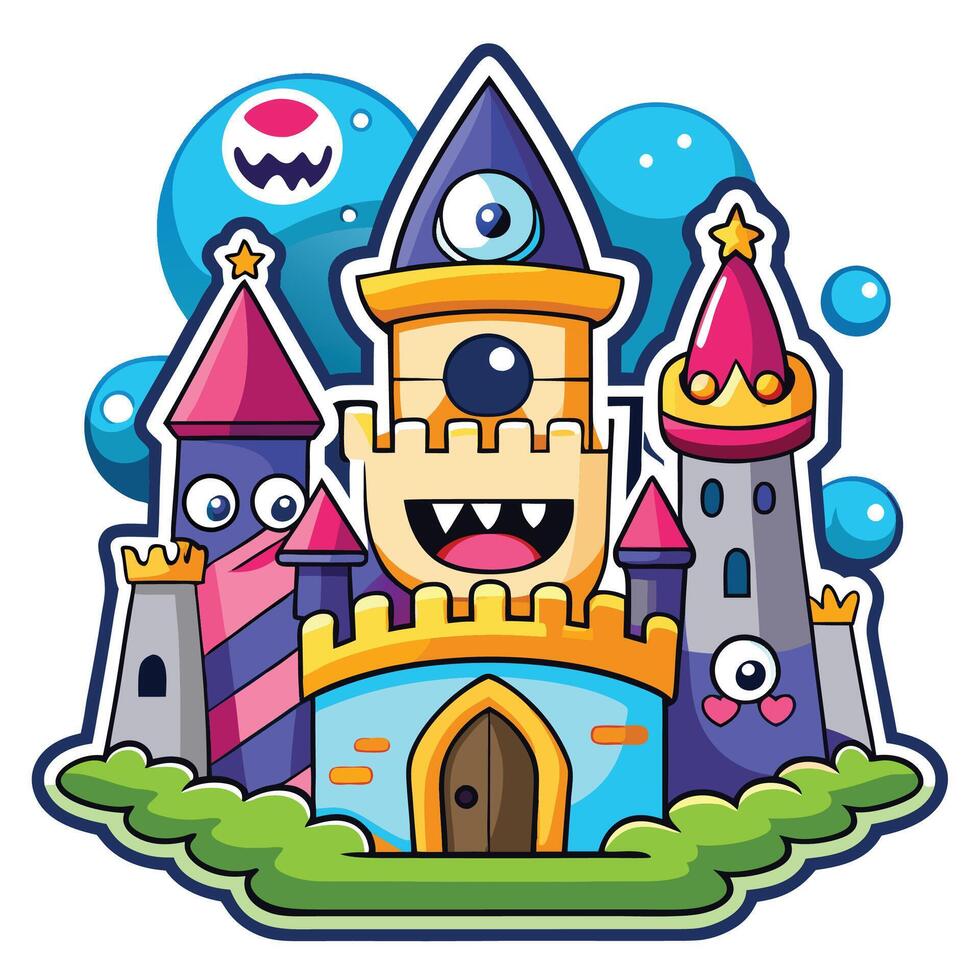 cartoon castle with monsters and bubbles vector
