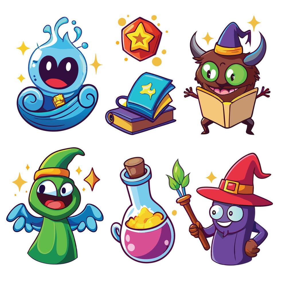 cartoon characters with various magical items vector