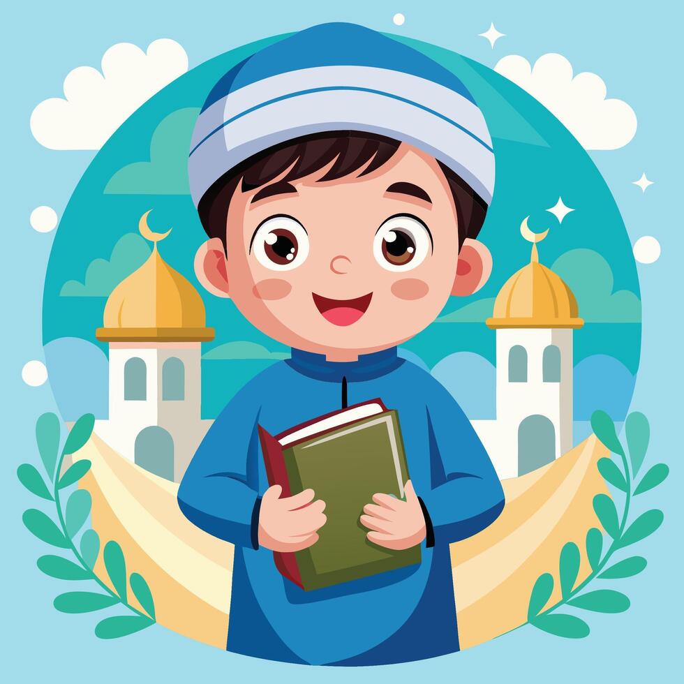muslim boy holding book and praying in front of mosque vector