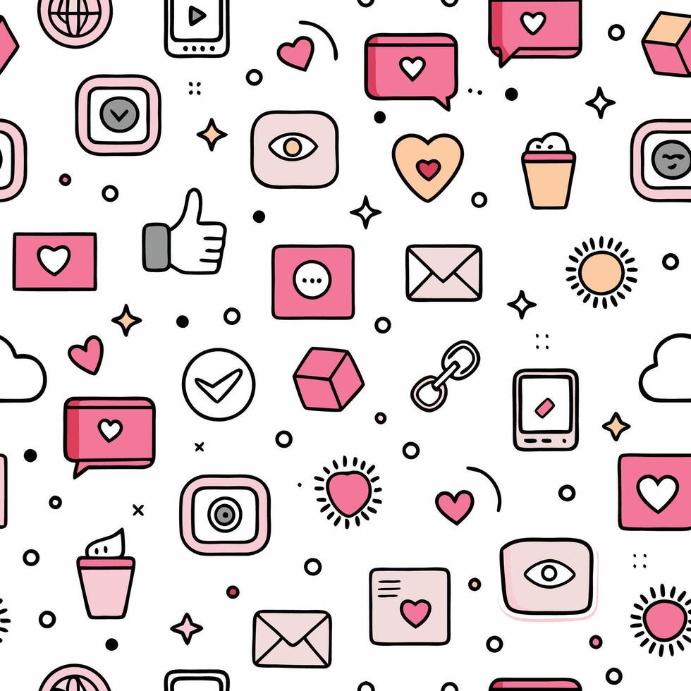 a seamless pattern with social icons and hearts vector