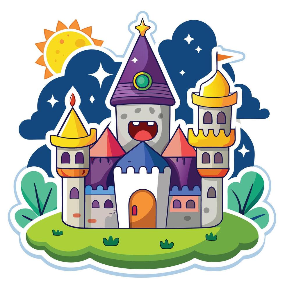 cartoon castle with a sun and moon on top vector
