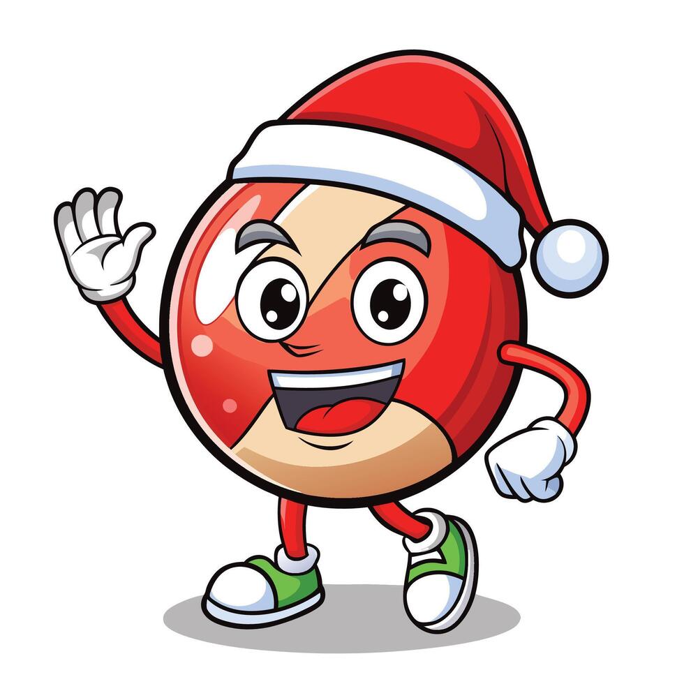 a cartoon red candy ball wearing a santa hat vector