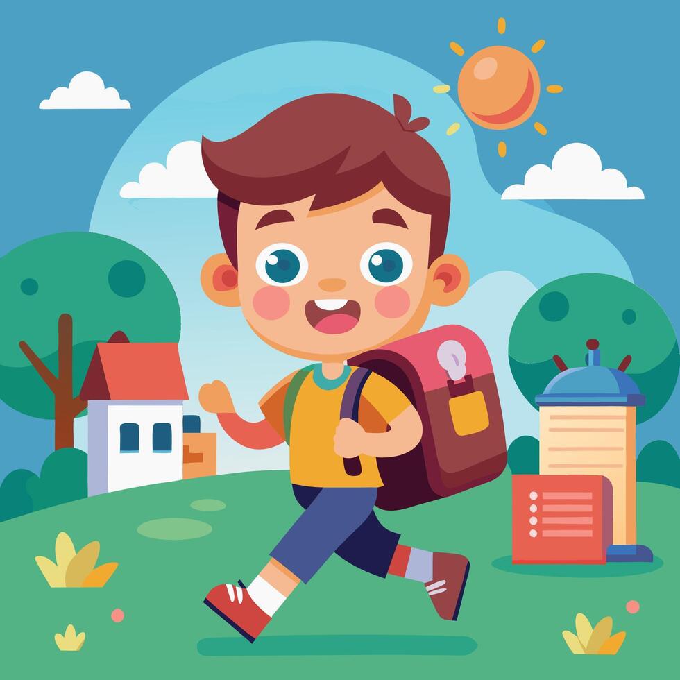 a cartoon boy with a backpack running in the park vector