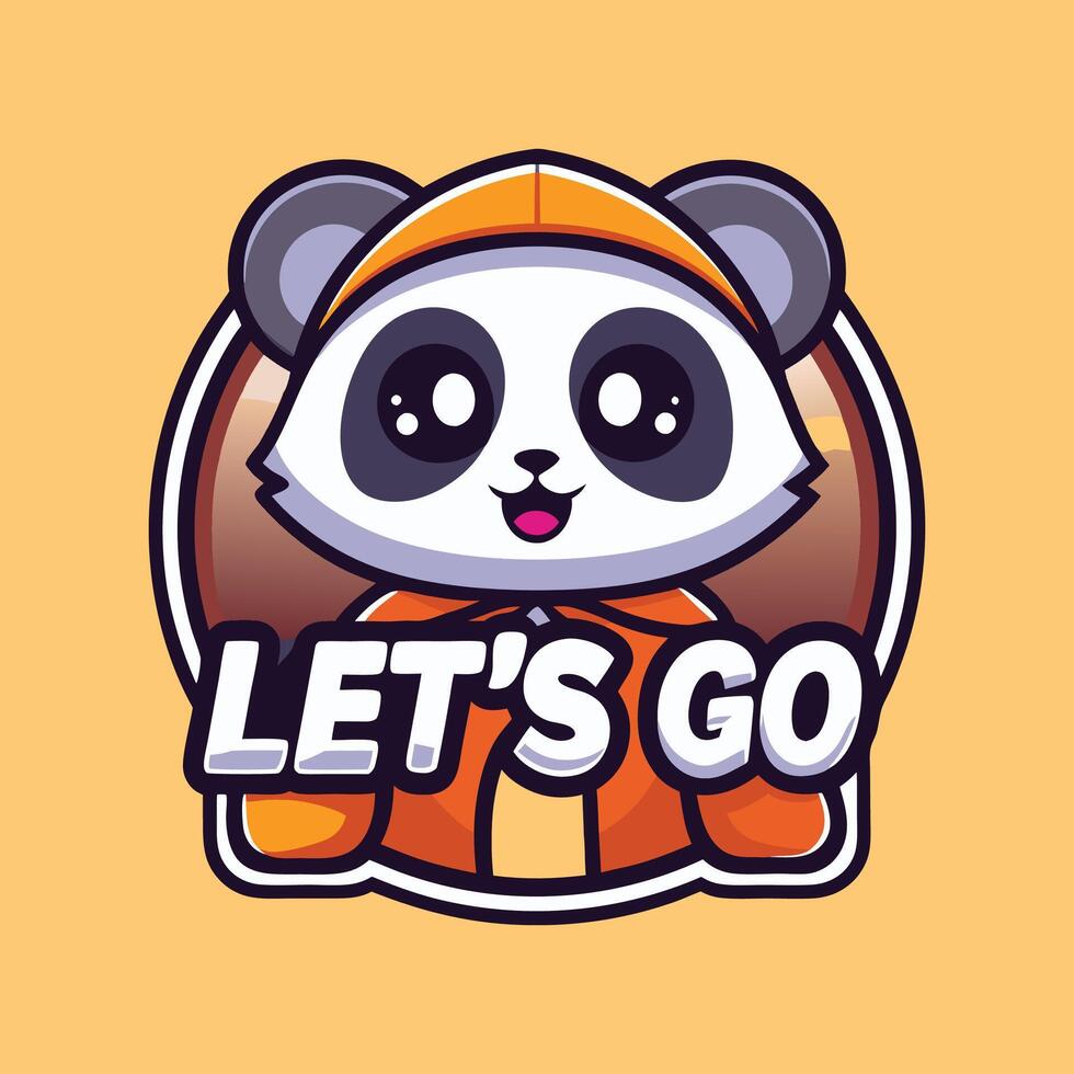 a panda bear wearing an orange jacket and hat with the words let's go vector