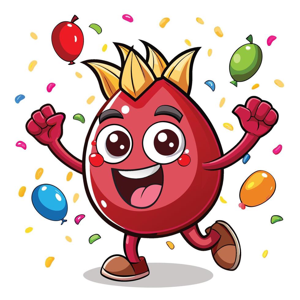 a cartoon red egg character running with balloons vector