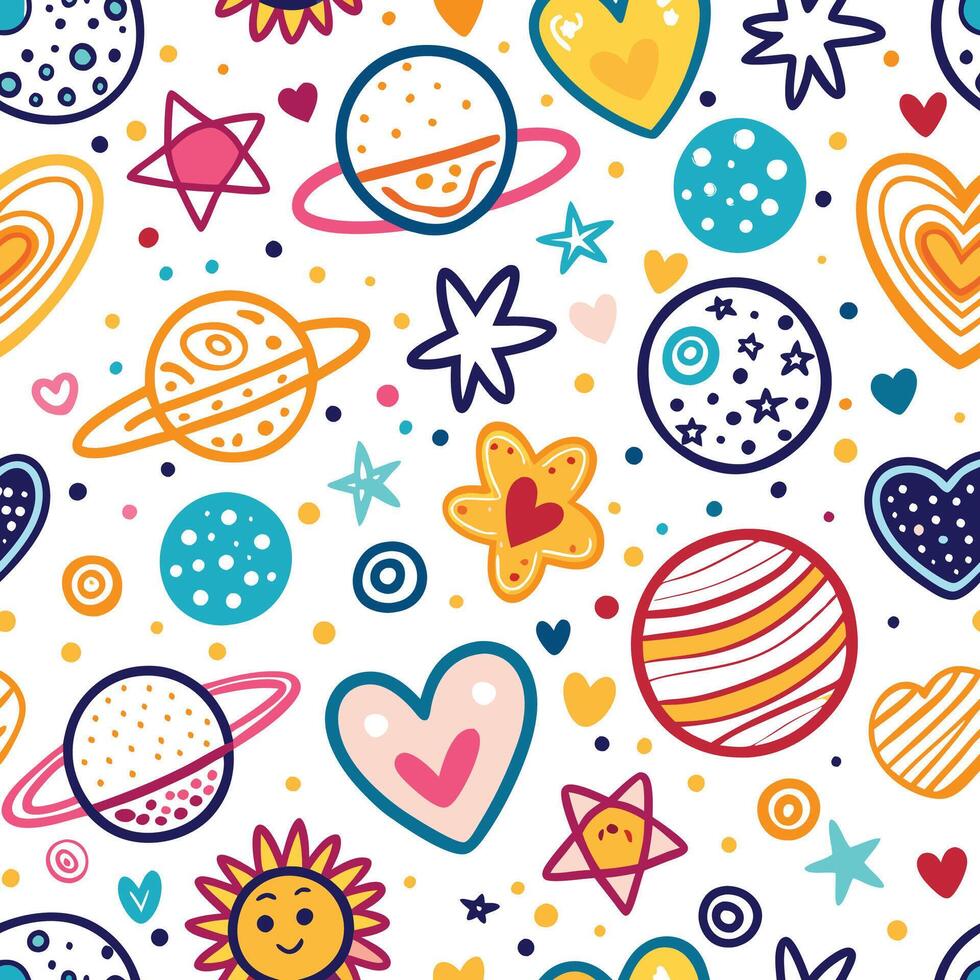 seamless pattern with planets, hearts and stars vector