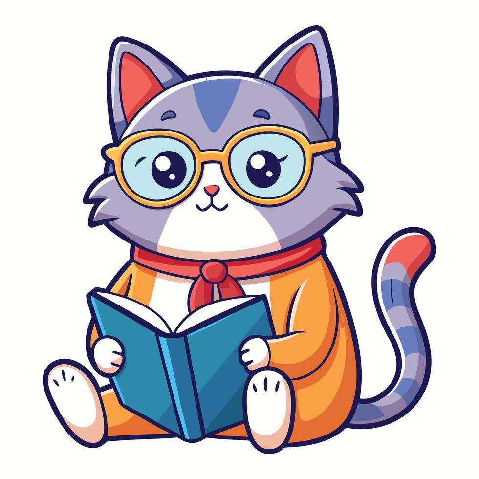 a cartoon cat wearing glasses and reading a book vector