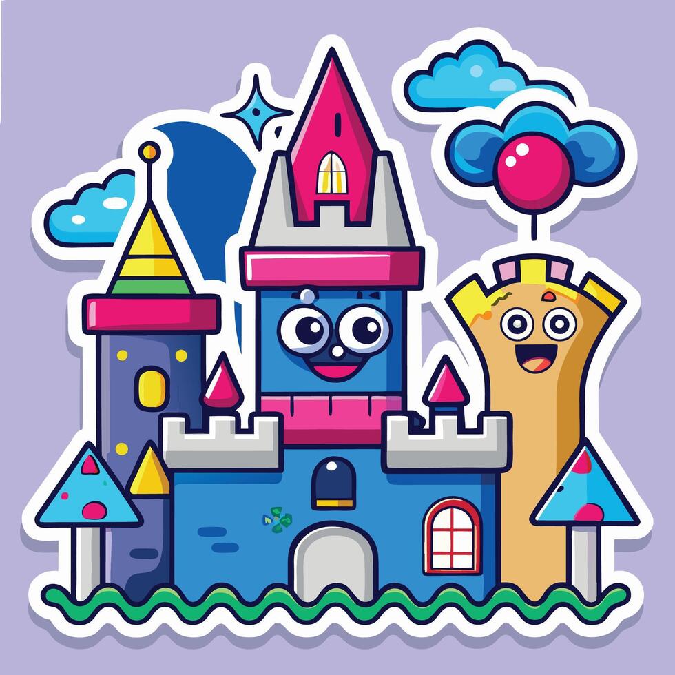 cartoon castle with a happy face and balloons vector