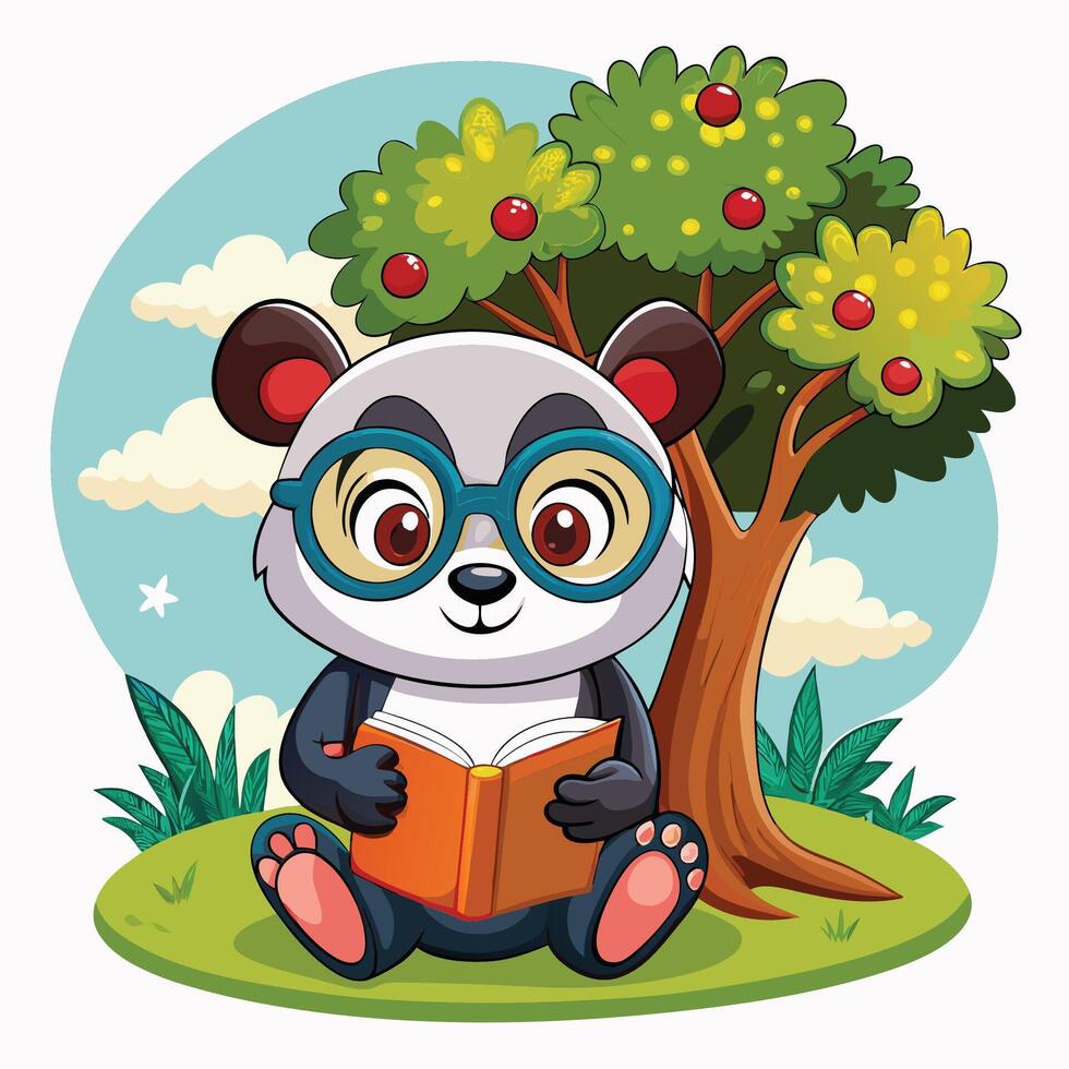 panda bear reading book under tree vector