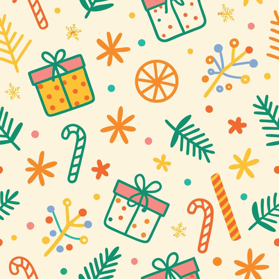 christmas seamless pattern with presents, candy canes and other items vector