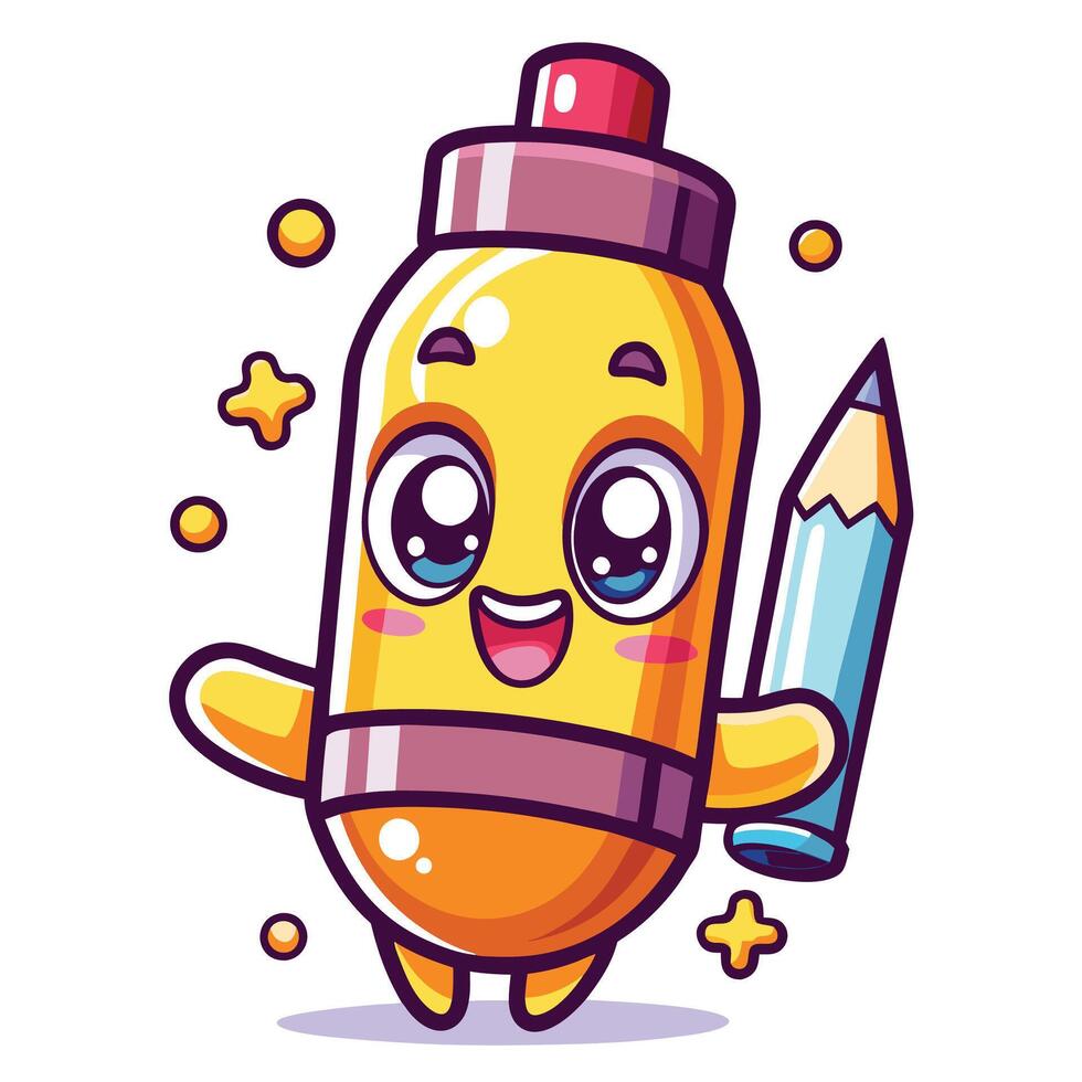 a cartoon yellow pencil with eyes and a pencil in its hand vector