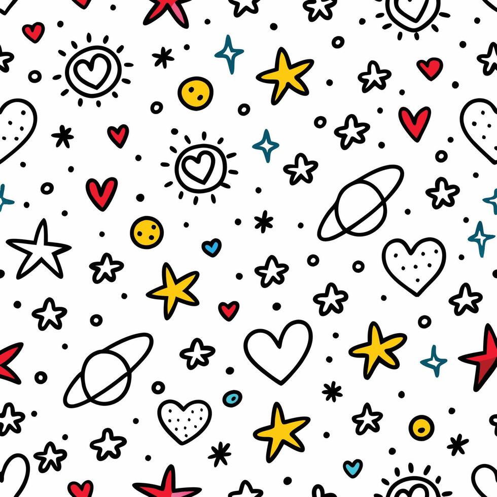 seamless pattern with hearts, stars and planets vector