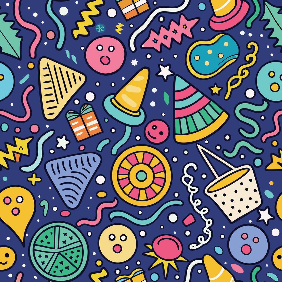 seamless pattern with party items on a blue background vector