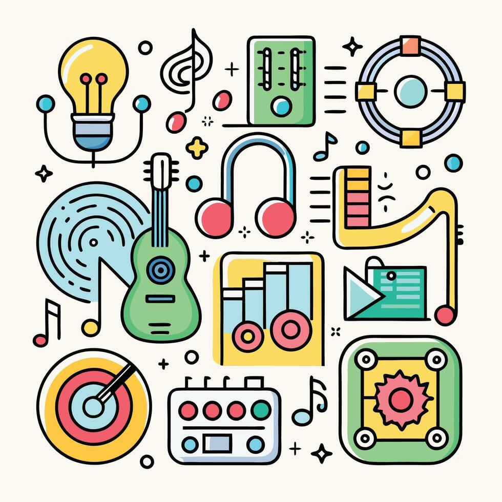 music and music related icons in a flat line style vector