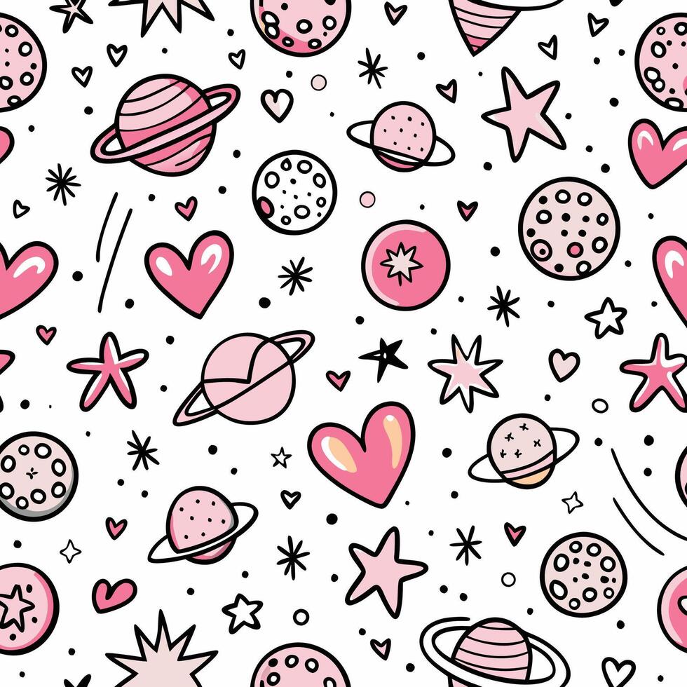 seamless pattern with pink hearts and planets vector