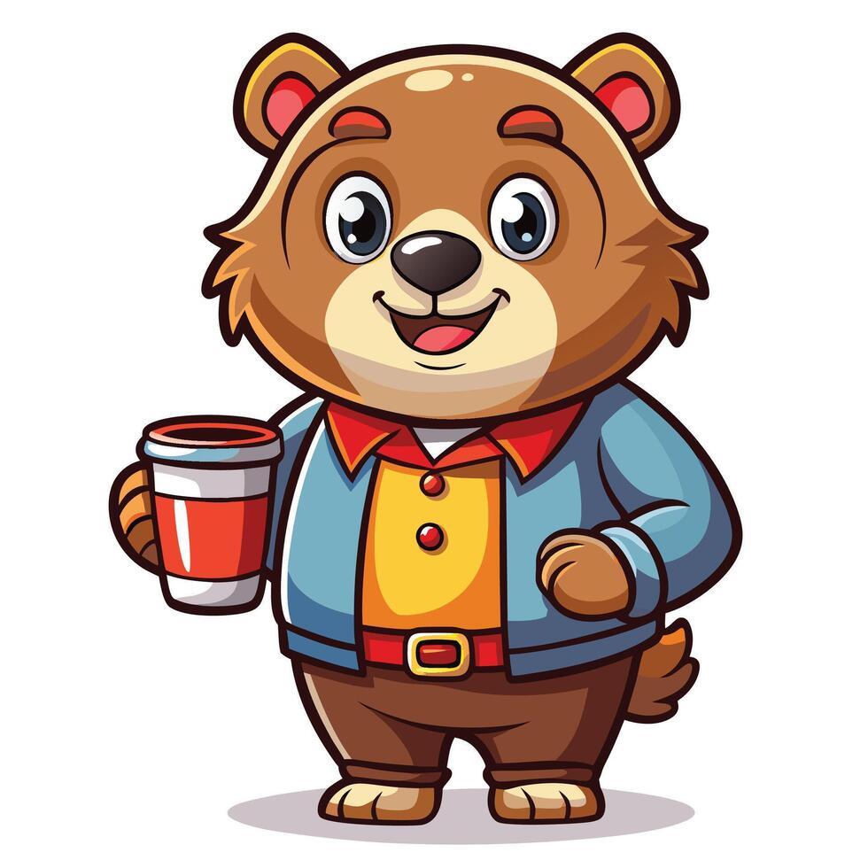 a cartoon bear holding a cup of coffee vector