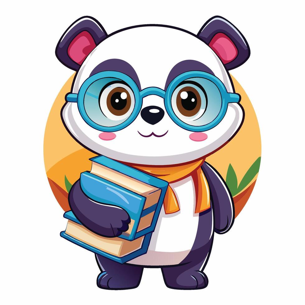panda with glasses and books vector
