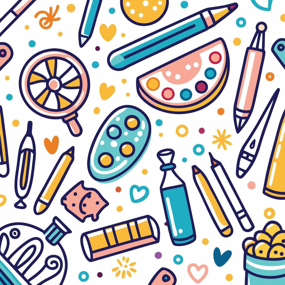 art supplies, school supplies, and other items are arranged in a pattern vector