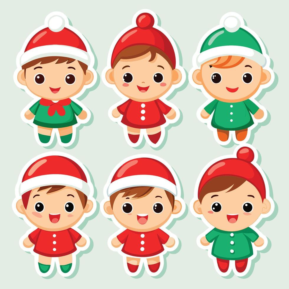 set of cute christmas elf stickers illustration vector