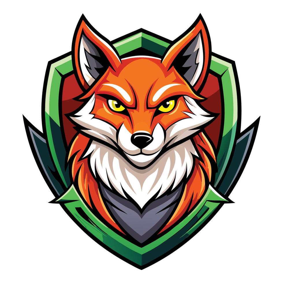 a fox head on a shield with a green background vector