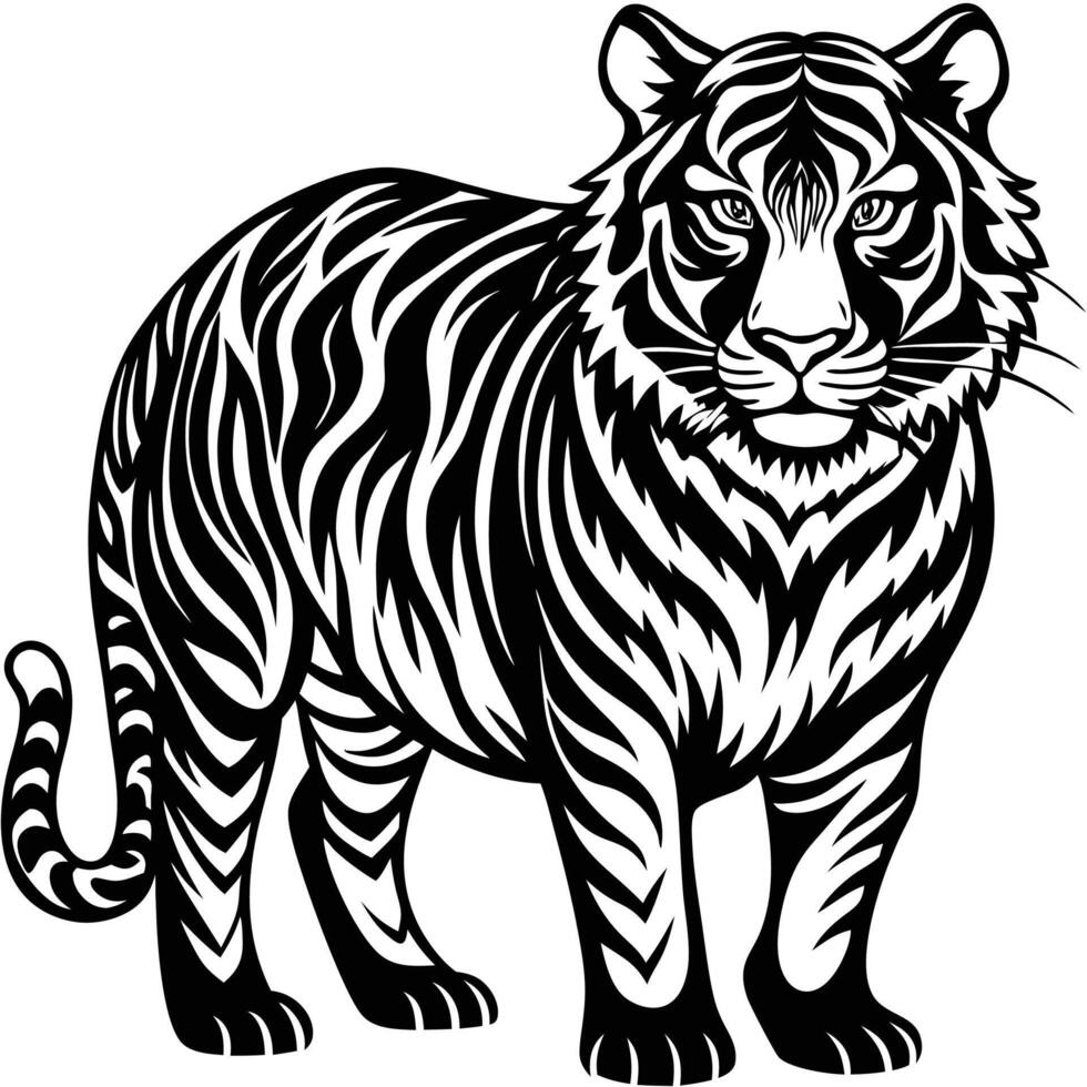 a tiger is standing in a black and white design vector