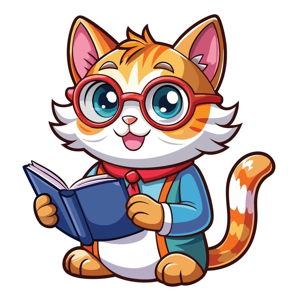 a cartoon cat wearing glasses and holding a book vector