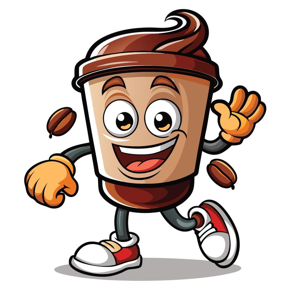 coffee cup mascot character running and waving vector