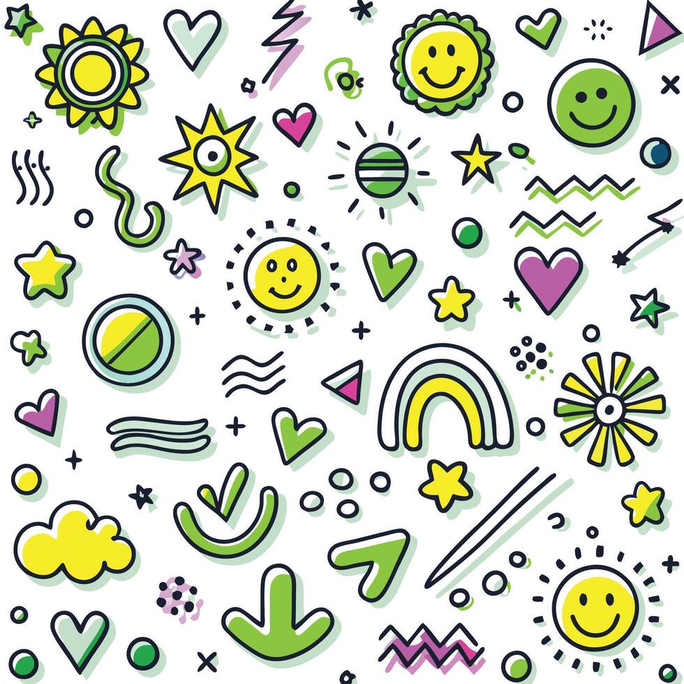 a colorful set of doodles with various objects vector