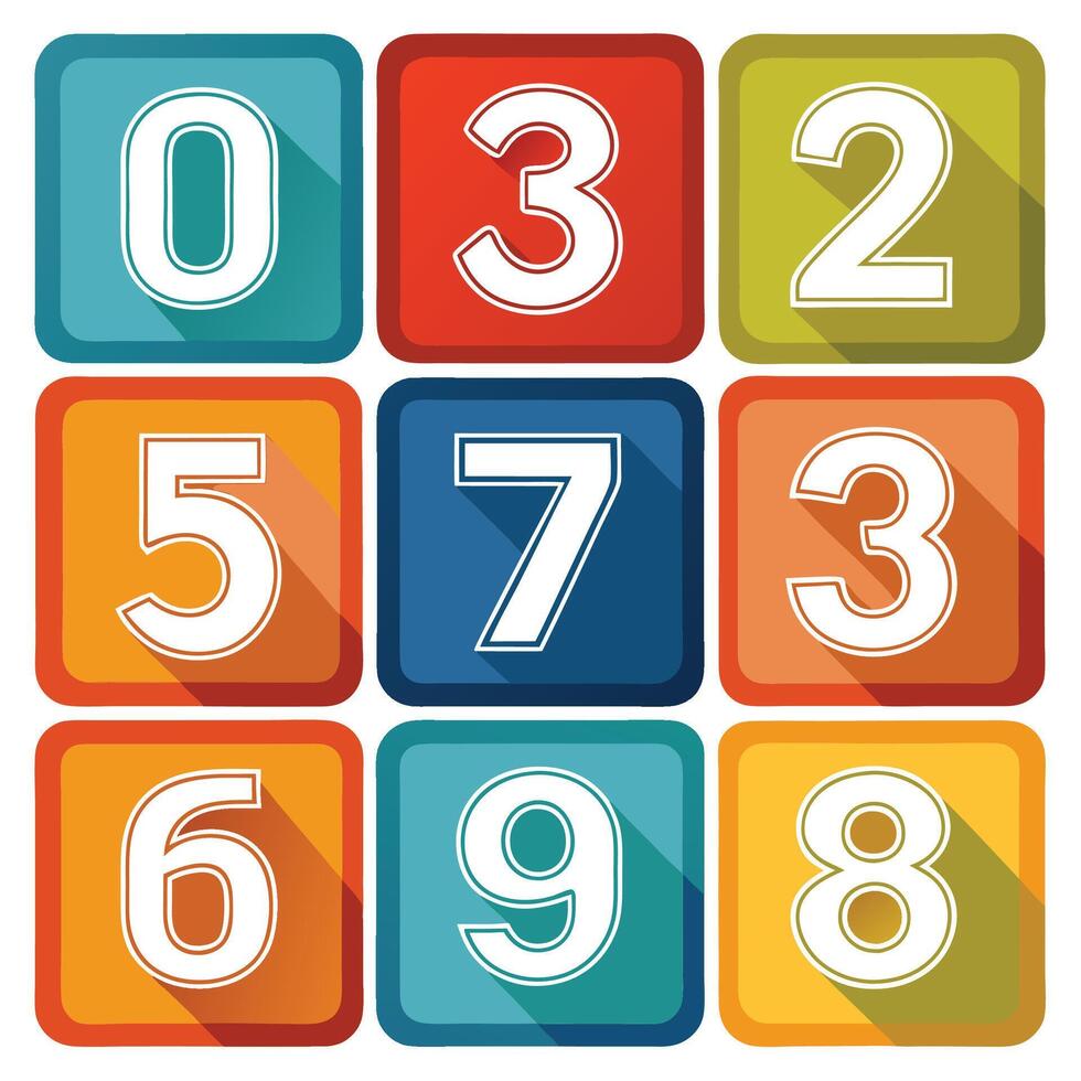 colorful numbers on square tiles with long shadow illustration vector