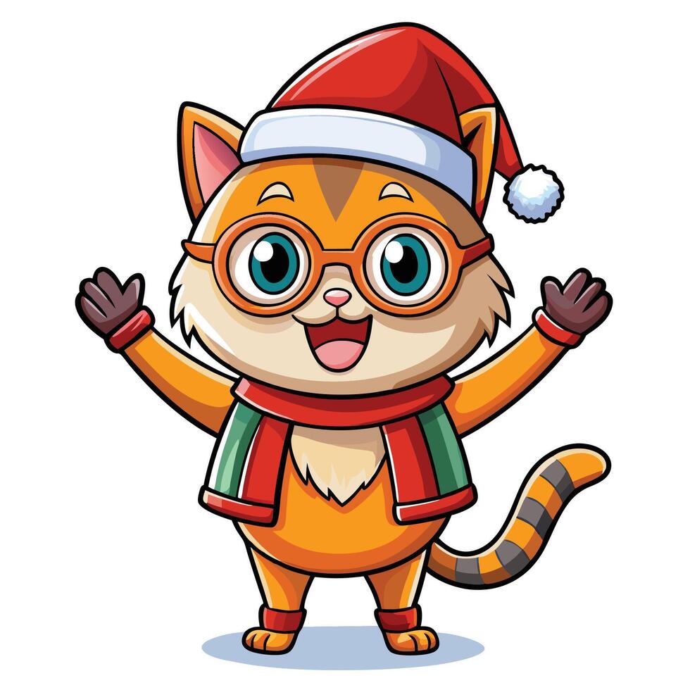 a cartoon cat wearing a santa hat and scarf vector