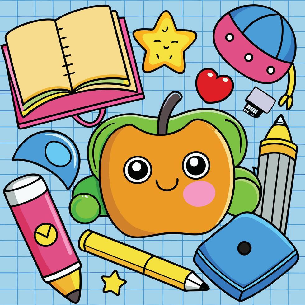a cartoon apple and other school supplies on a blue background vector