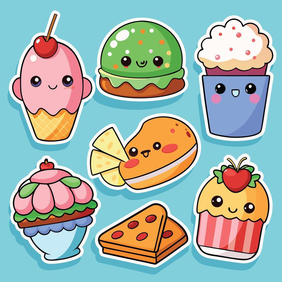 cute food stickers set, illustration vector