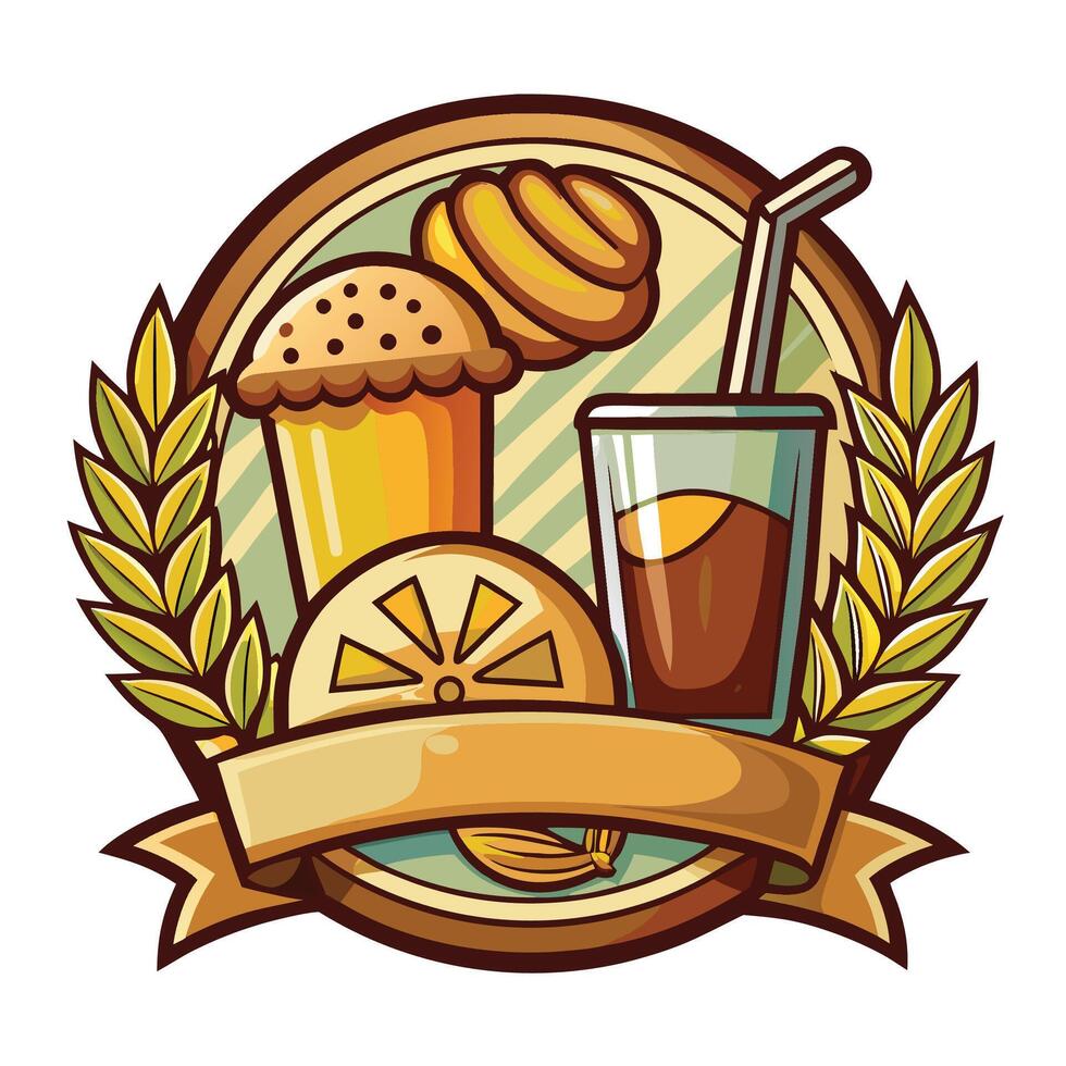 a badge with a drink and food vector