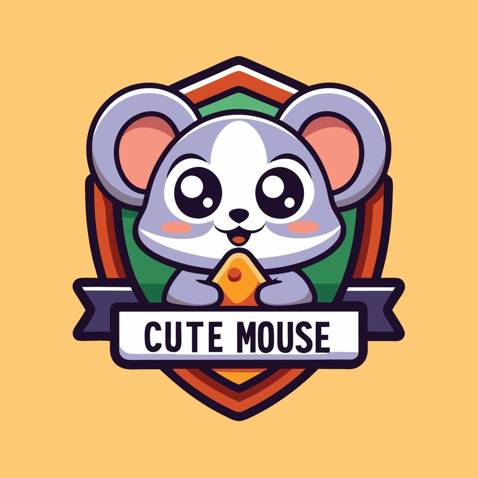 a cute mouse logo with a ribbon around it vector