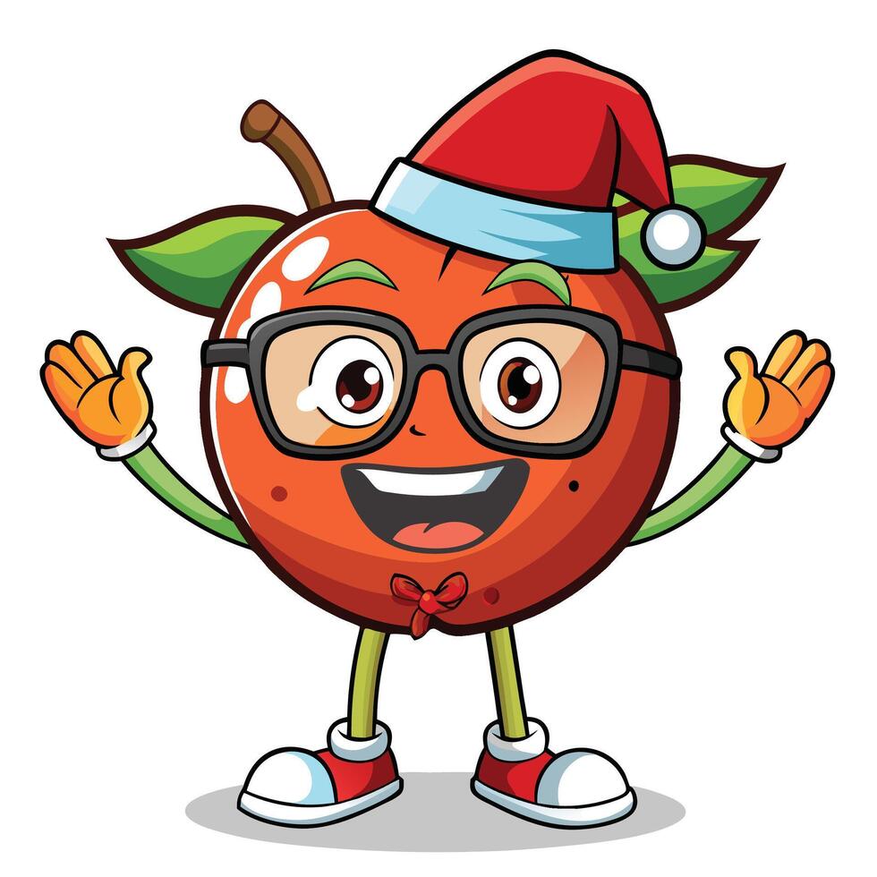 a cartoon apple wearing glasses and a santa hat vector