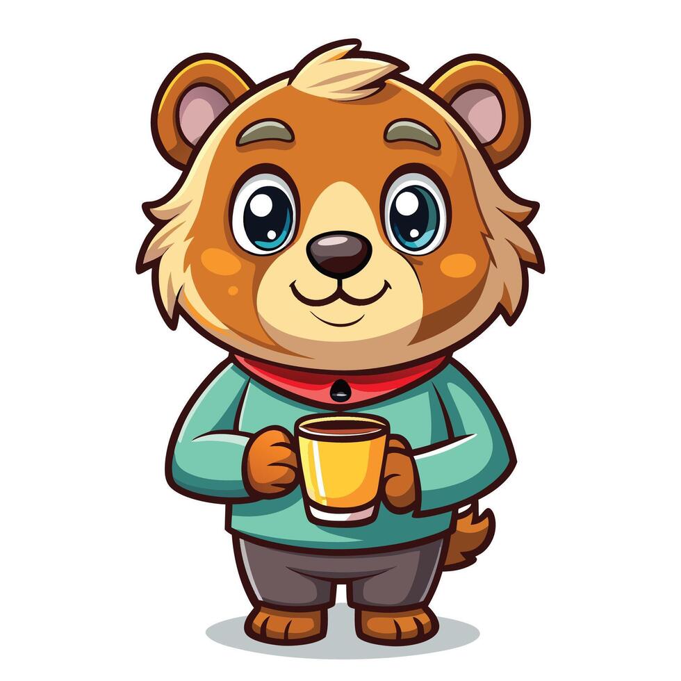 a cartoon bear holding a cup of coffee vector