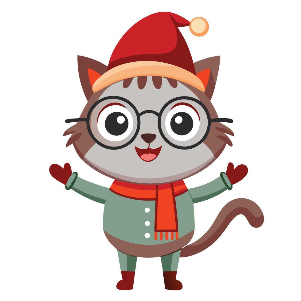 a cartoon cat wearing a christmas hat and glasses vector
