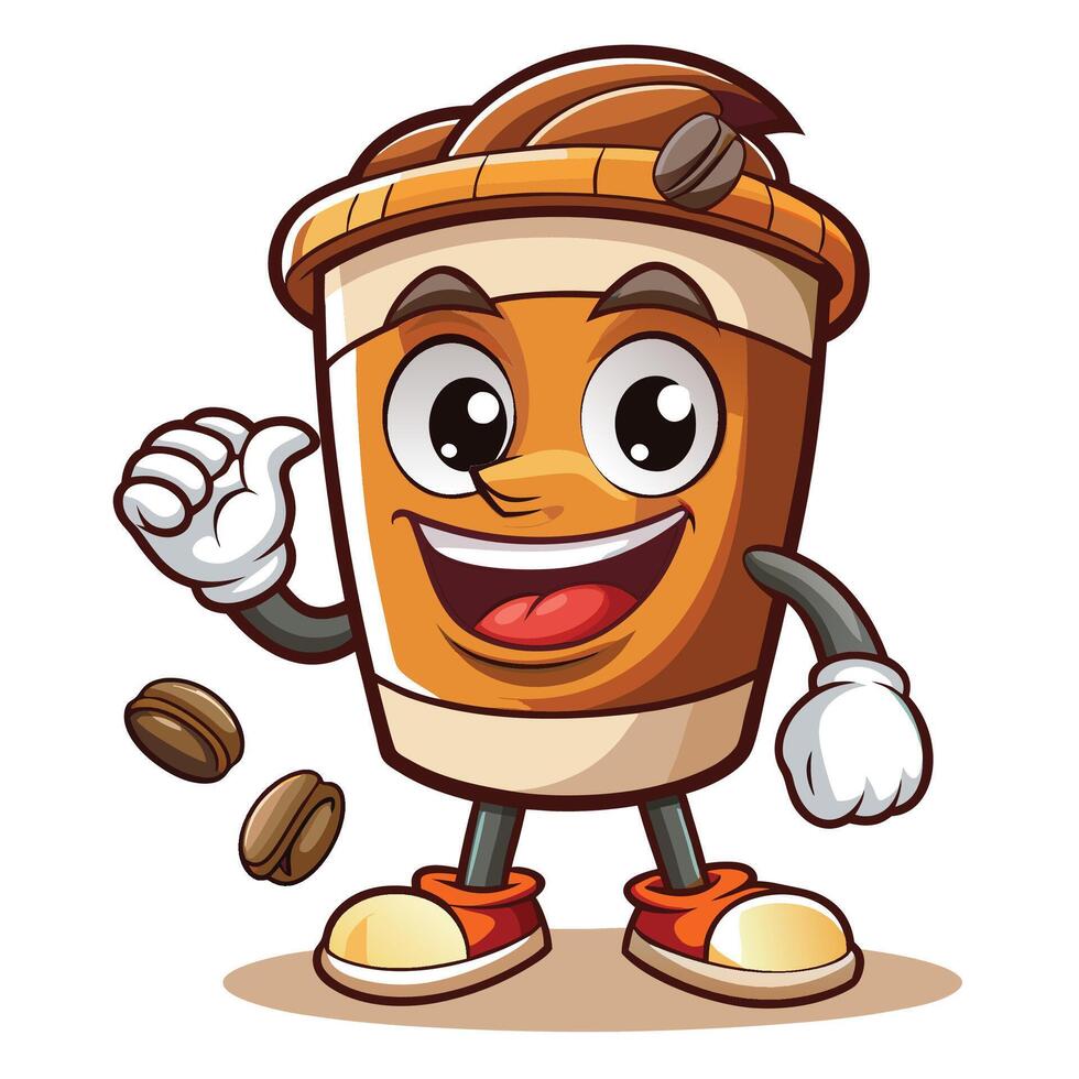 cartoon coffee cup character with arms and legs holding a coffee bean vector