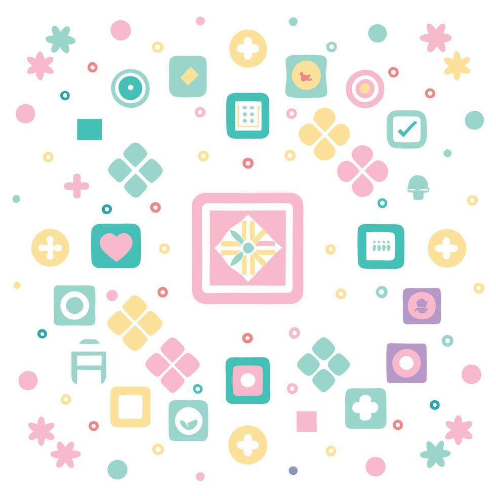a colorful square with various icons and shapes vector