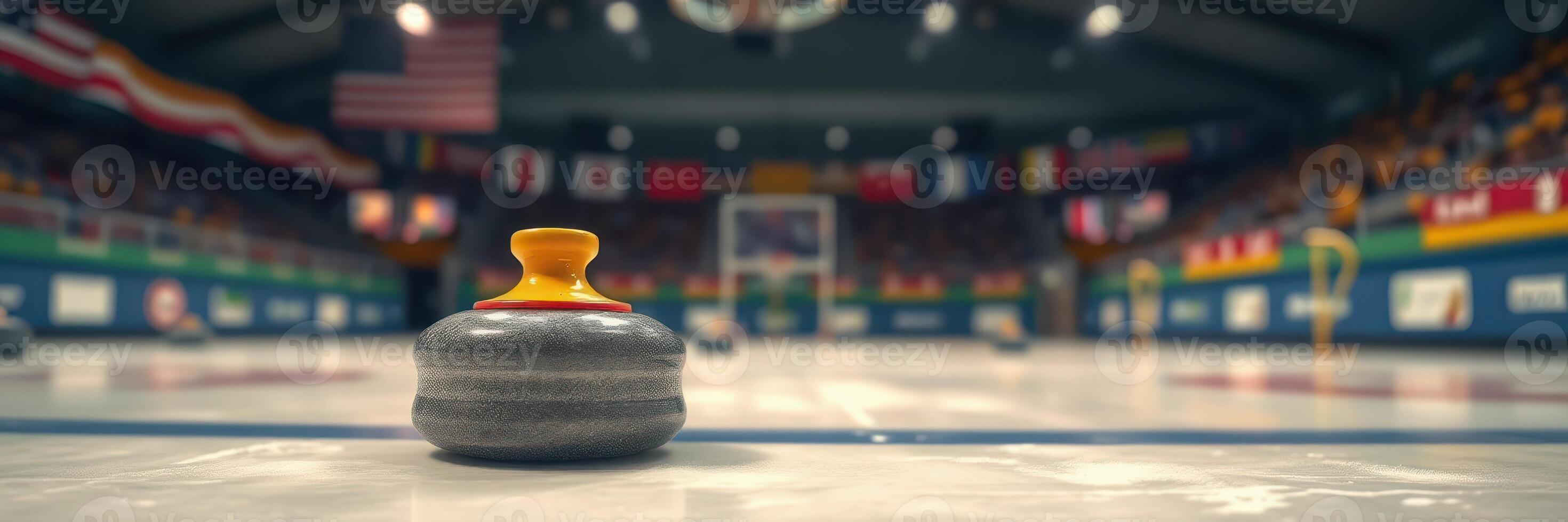 Competitive curling match takes place in an indoor arena filled with flags and spectators photo