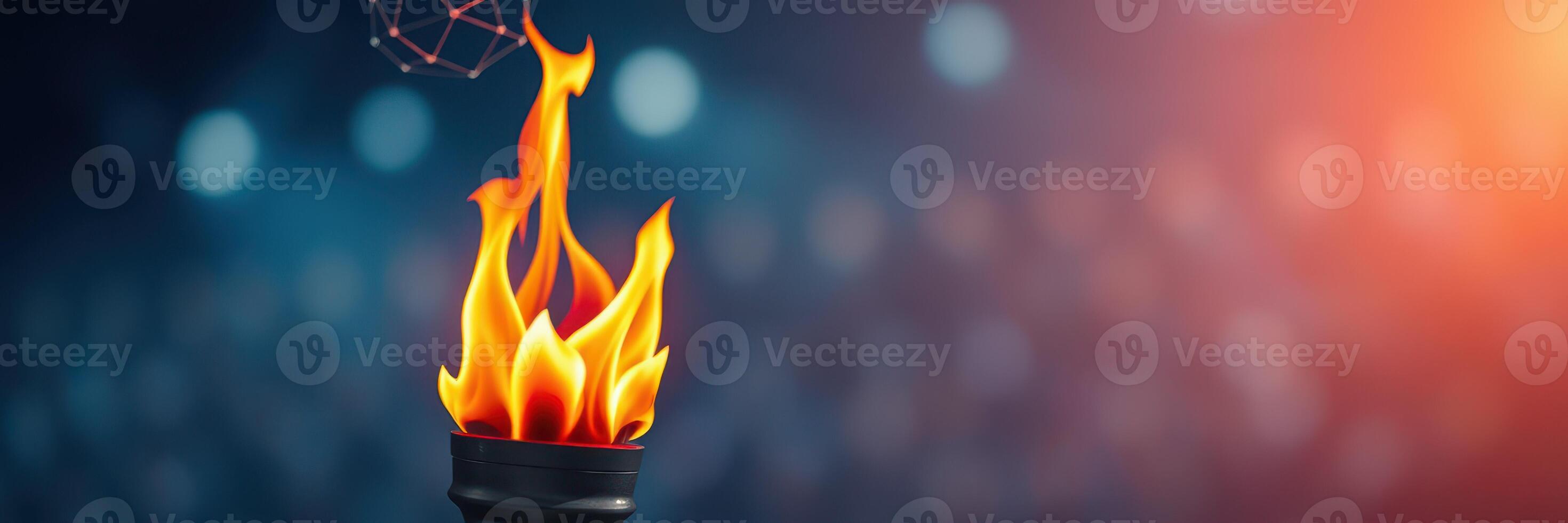 Flame illuminates dark atmosphere during a vibrant celebration with abstract designs in the background photo