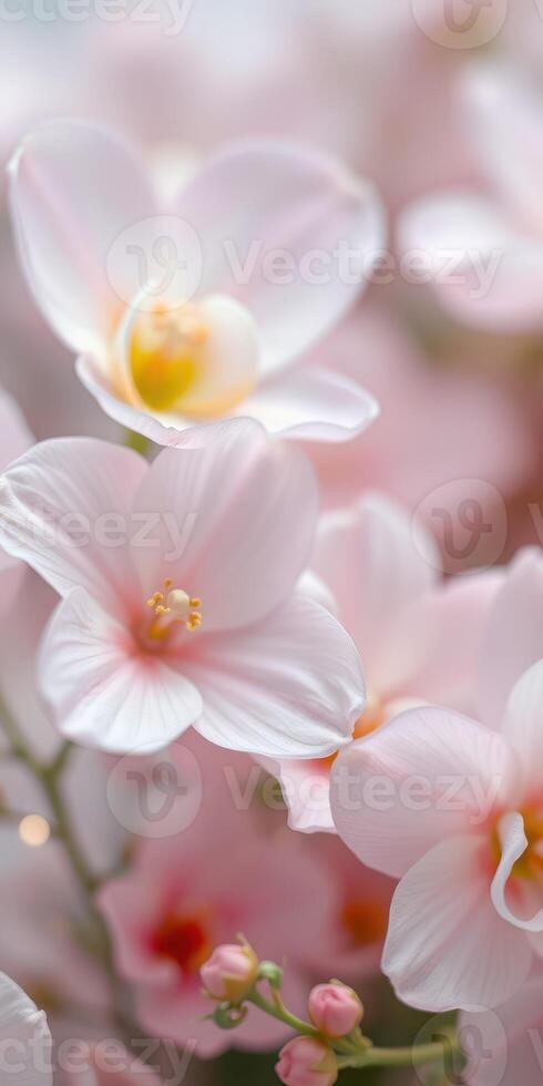Delicate white and pink flowers blooming in soft focus, capturing the essence of springtime beauty and tranquility photo