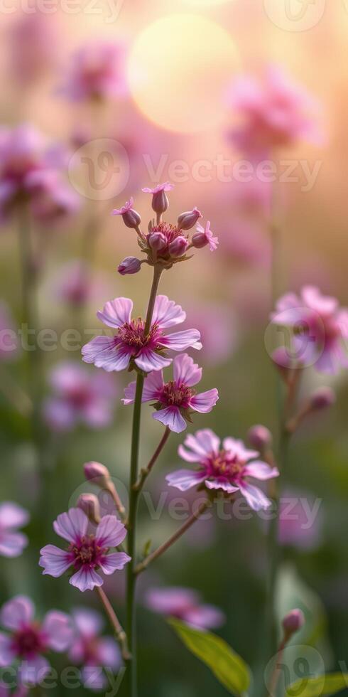 Bright pink flowers bloom in a serene garden setting during golden hour photo
