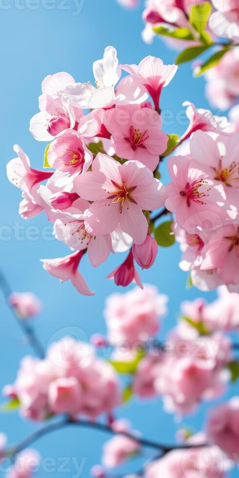 Cherry blossom trees bloom in spring with delicate pink flowers under a clear blue sky at a local park photo
