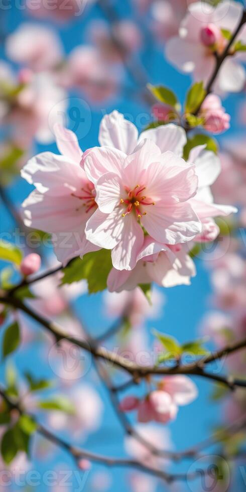 Beautiful cherry blossoms blooming under a clear blue sky in springtime, showcasing vibrant pink flowers and fresh green leaves photo