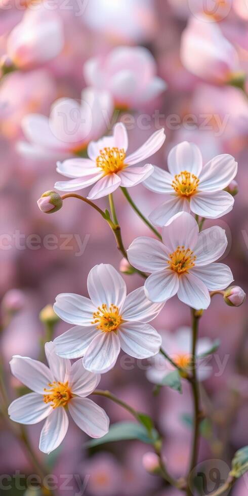 Delicate white flowers bloom against a soft pink background during a warm spring afternoon photo