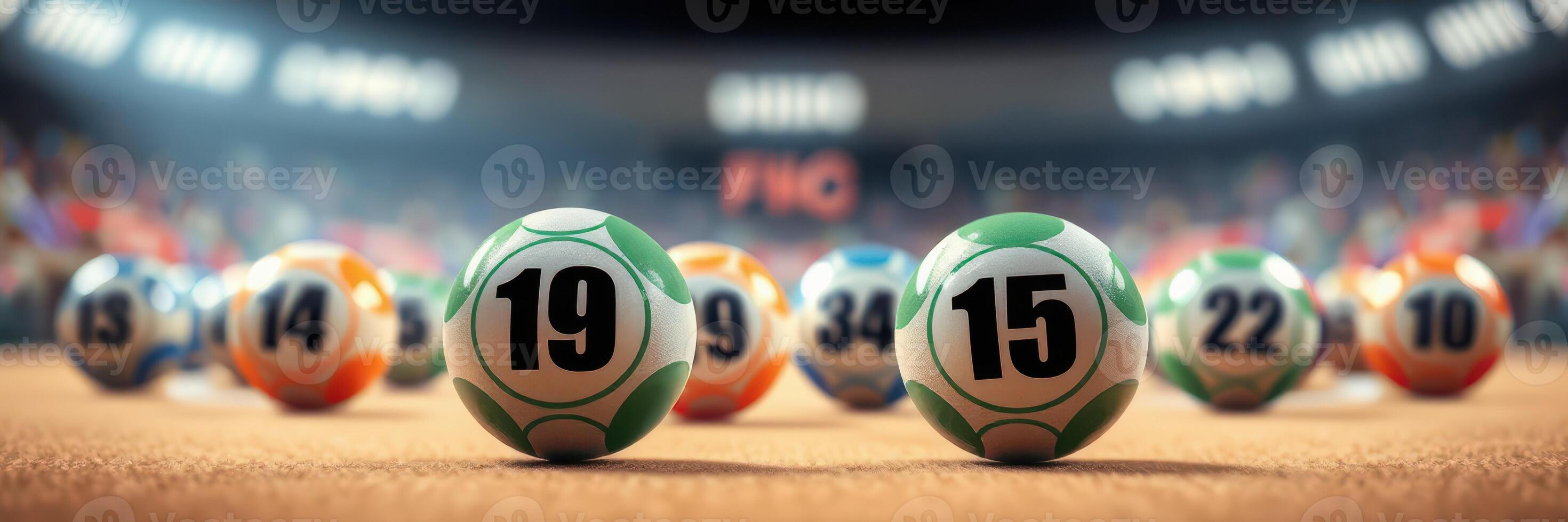 Colorful lottery balls arranged neatly in a hall with excitement in the air during a lottery draw event photo