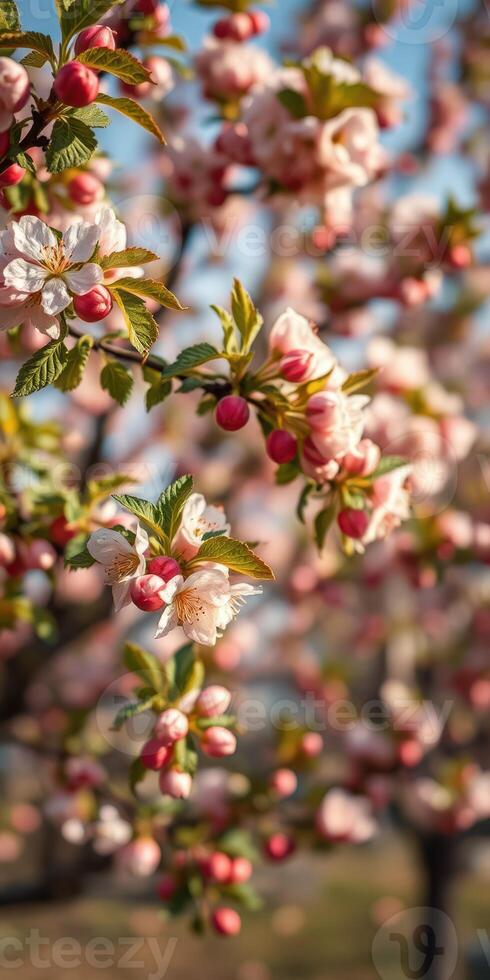 Beautiful cherry blossom branches with pink flowers and buds in spring sunlight photo
