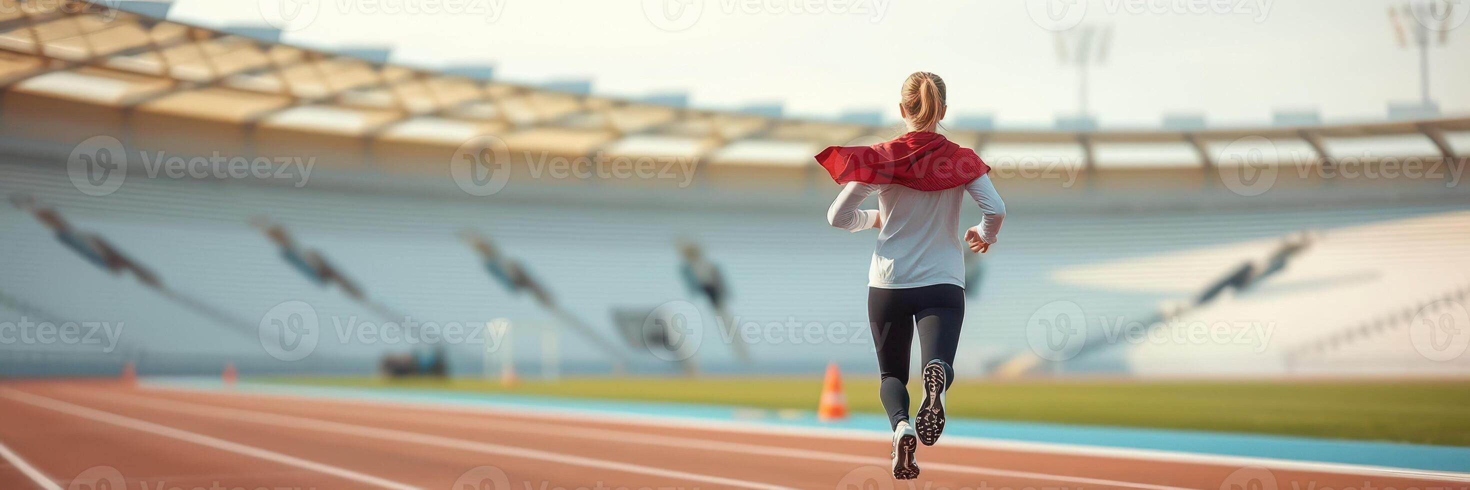 Woman runs on an empty athletic track in a stadium during early morning hours with warm sunlight shining photo