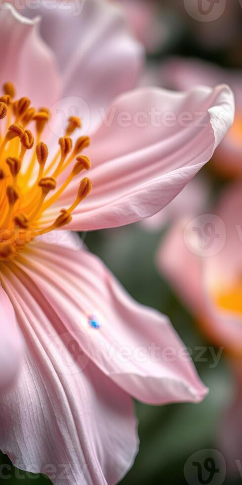 Close-up of delicate pink flower with vivid yellow stamen in a lush garden setting during springtime bloom photo